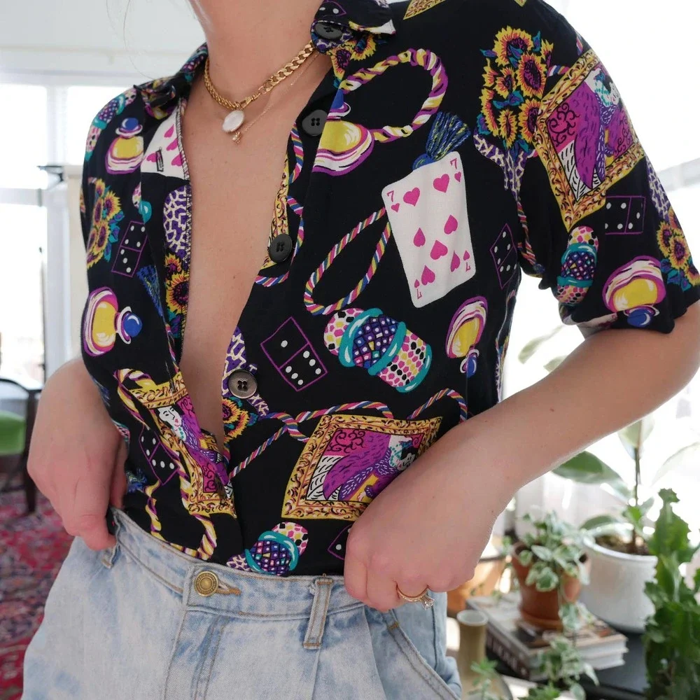 vintage button up shirt collared black multi-color mardis gras graphic printed M - Picture 2 of 5